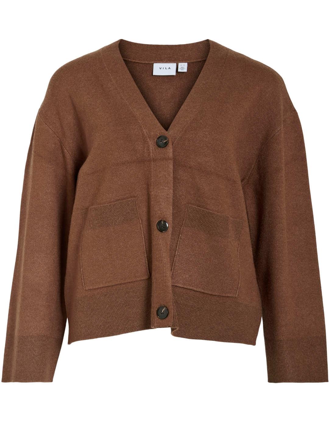 Cárdigan Vila Cassie camel con bolsillos oversized de mujer