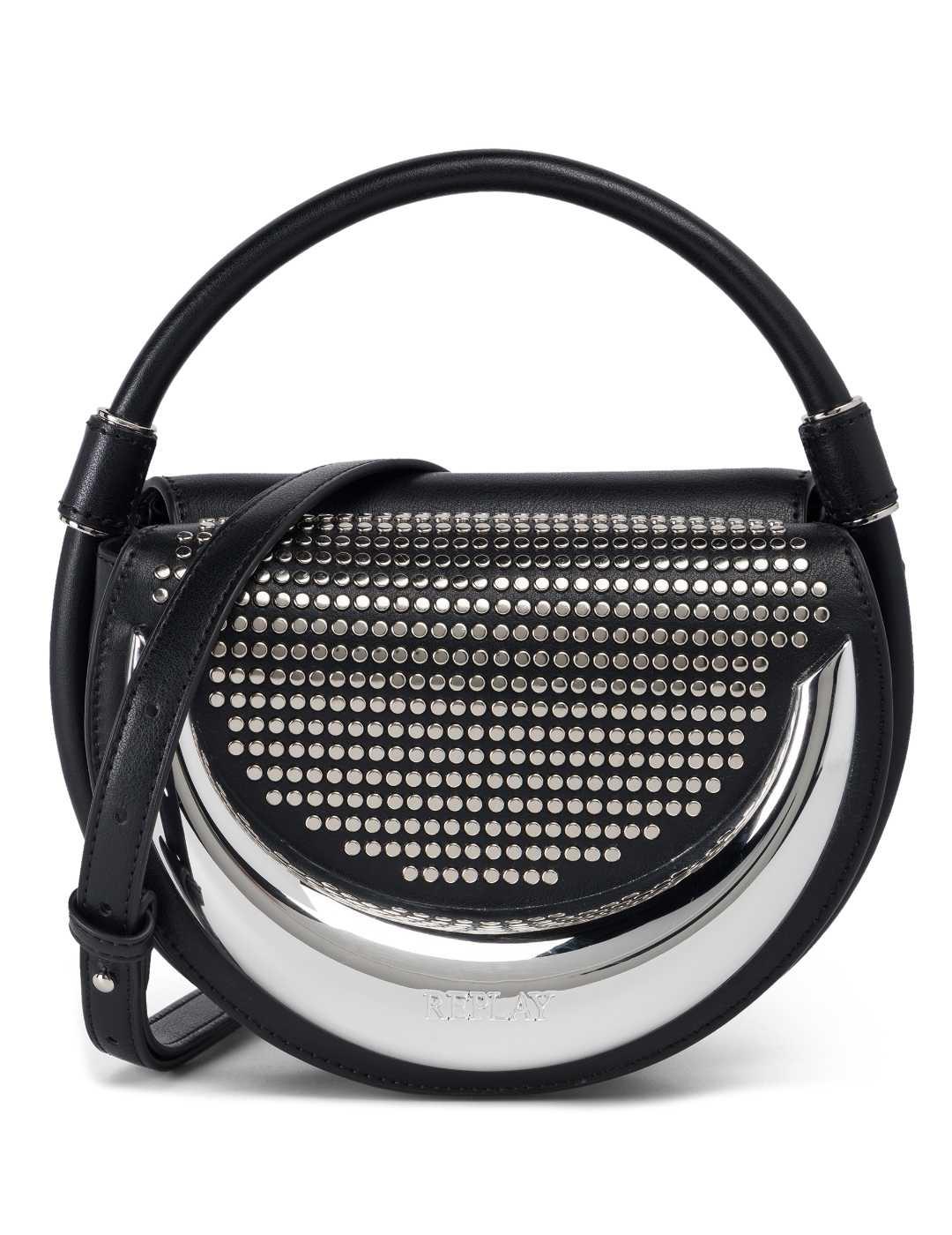 Bolso Replay negro y plata ovalado con tachuelas para mujer
