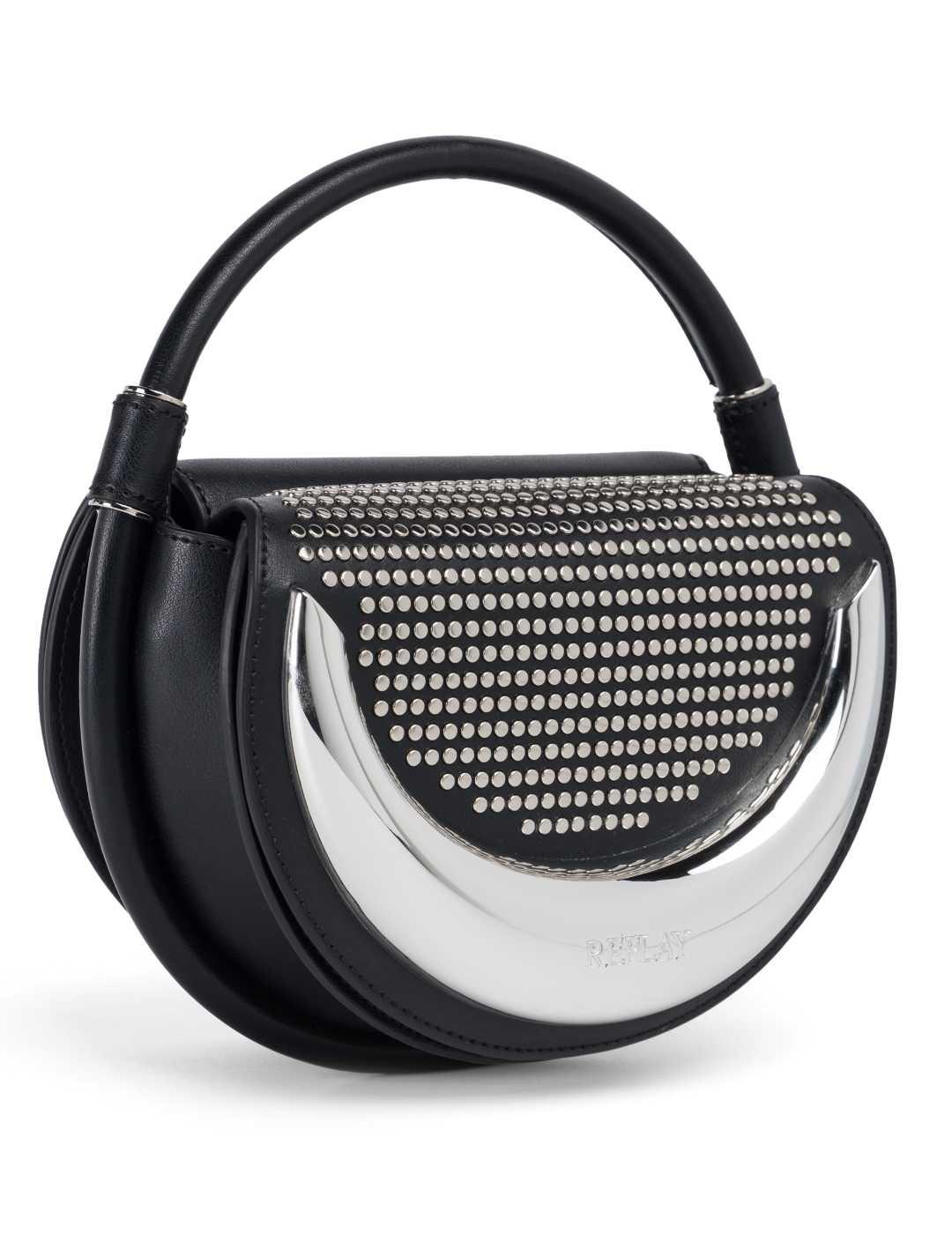 Bolso Replay negro y plata ovalado con tachuelas para mujer