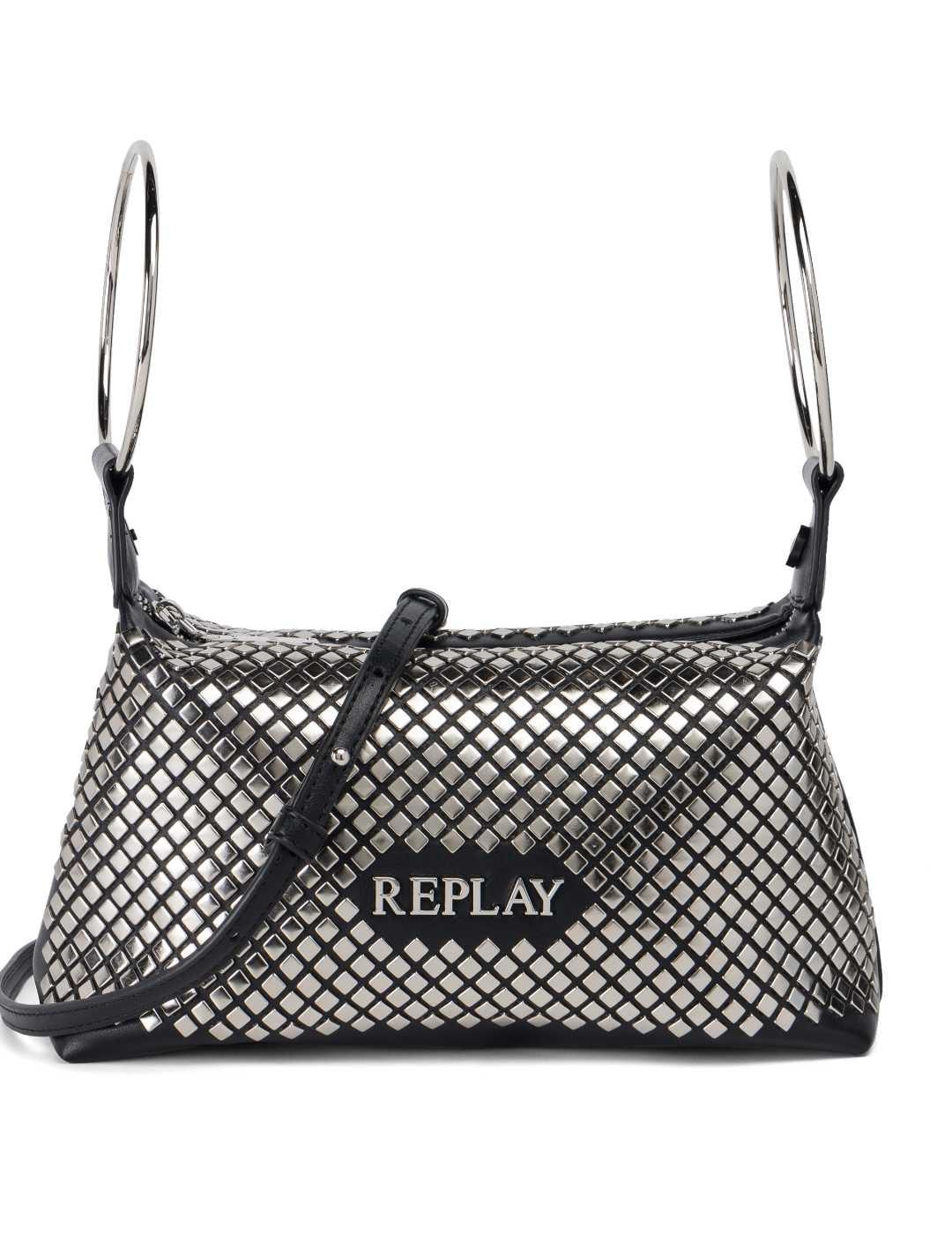 Bolso Replay plateado y negro con tachuelas para mujer