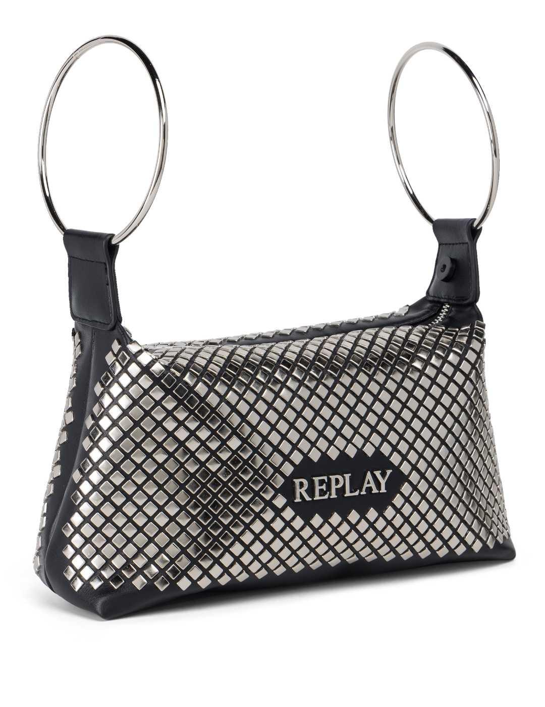 Bolso Replay plateado y negro con tachuelas para mujer