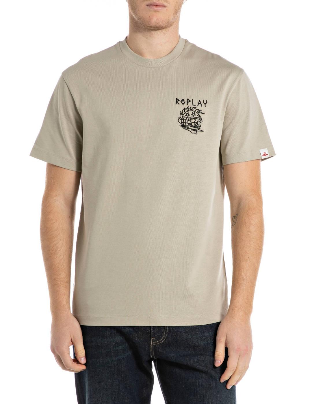 Camiseta Replay beige con bordado manga corta para hombre
