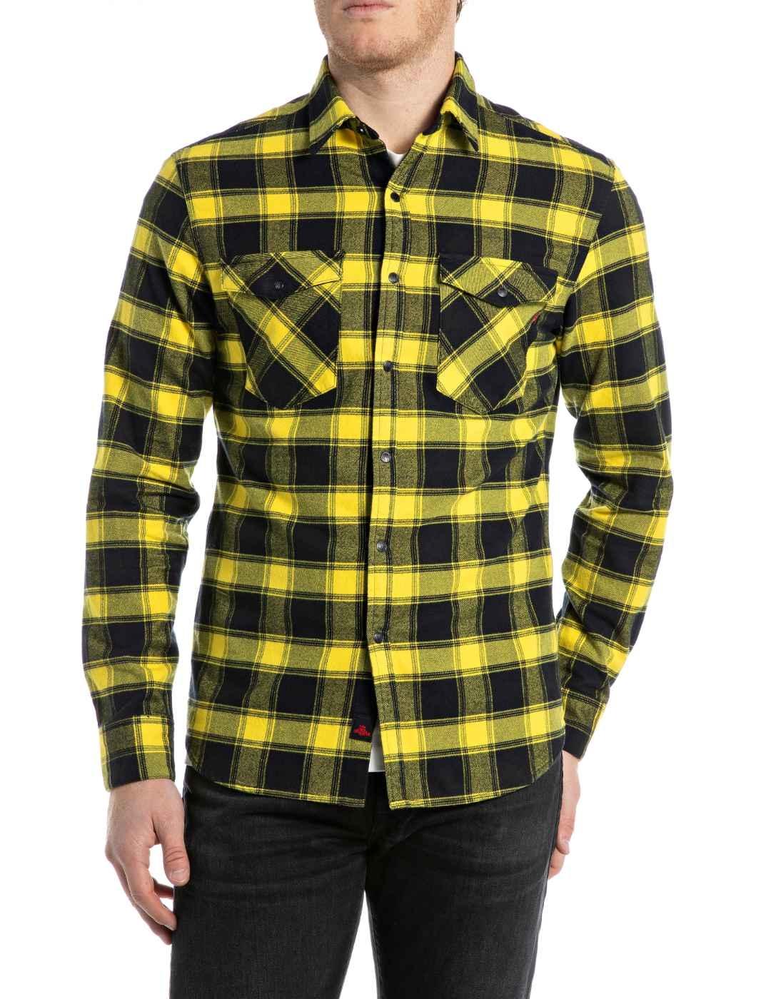 Camisa Replay manga larga amarilla y negra cuadros de hombre