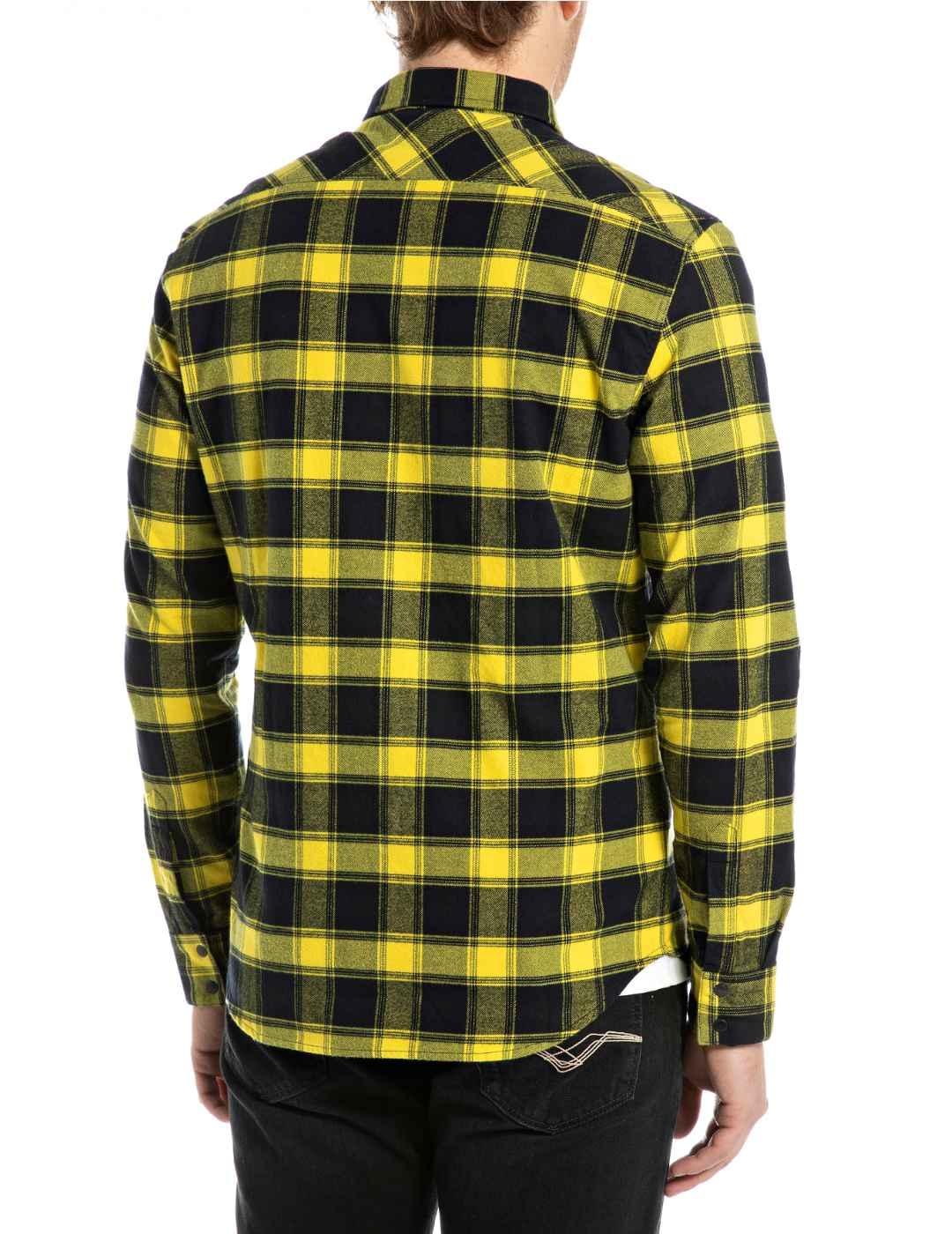 Camisa Replay manga larga amarilla y negra cuadros de hombre