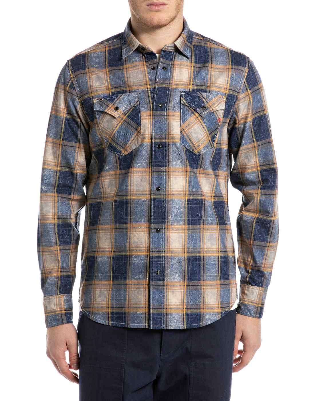 Camisa Replay Azul y camel cuadros western en algodón hombre