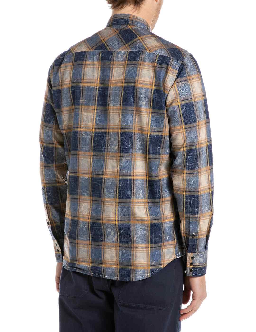 Camisa Replay Azul y camel cuadros western en algodón hombre