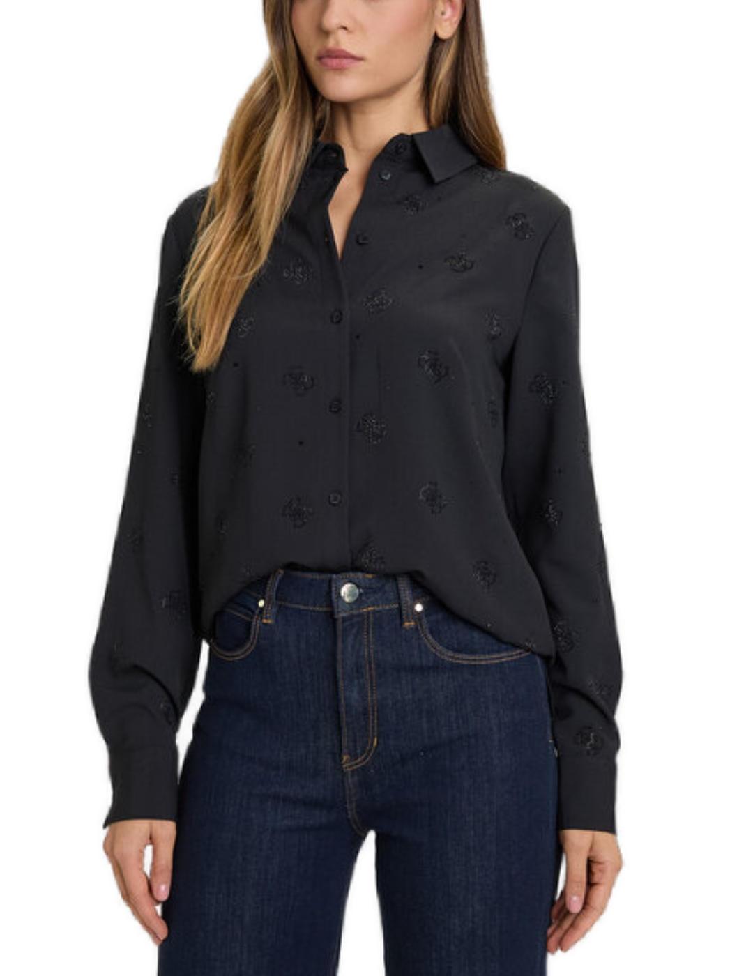 Camisa Guess Flore bordada de puños anchos negra para mujer
