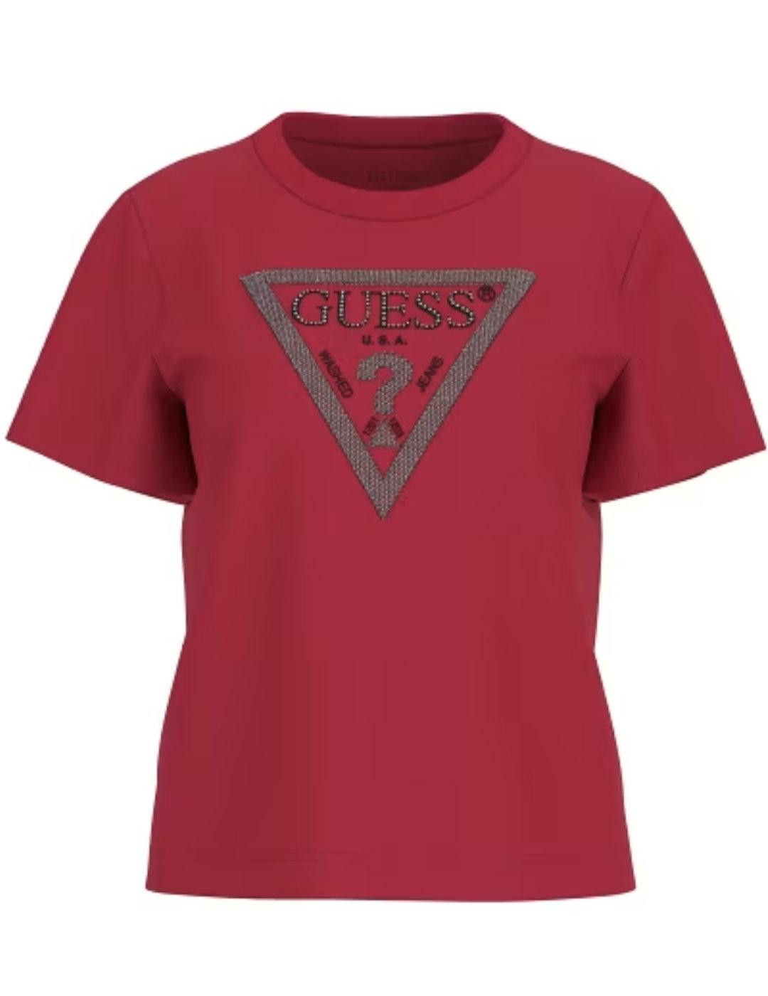 Camiseta Guess Krystal rojo abalorios manga corta para mujer