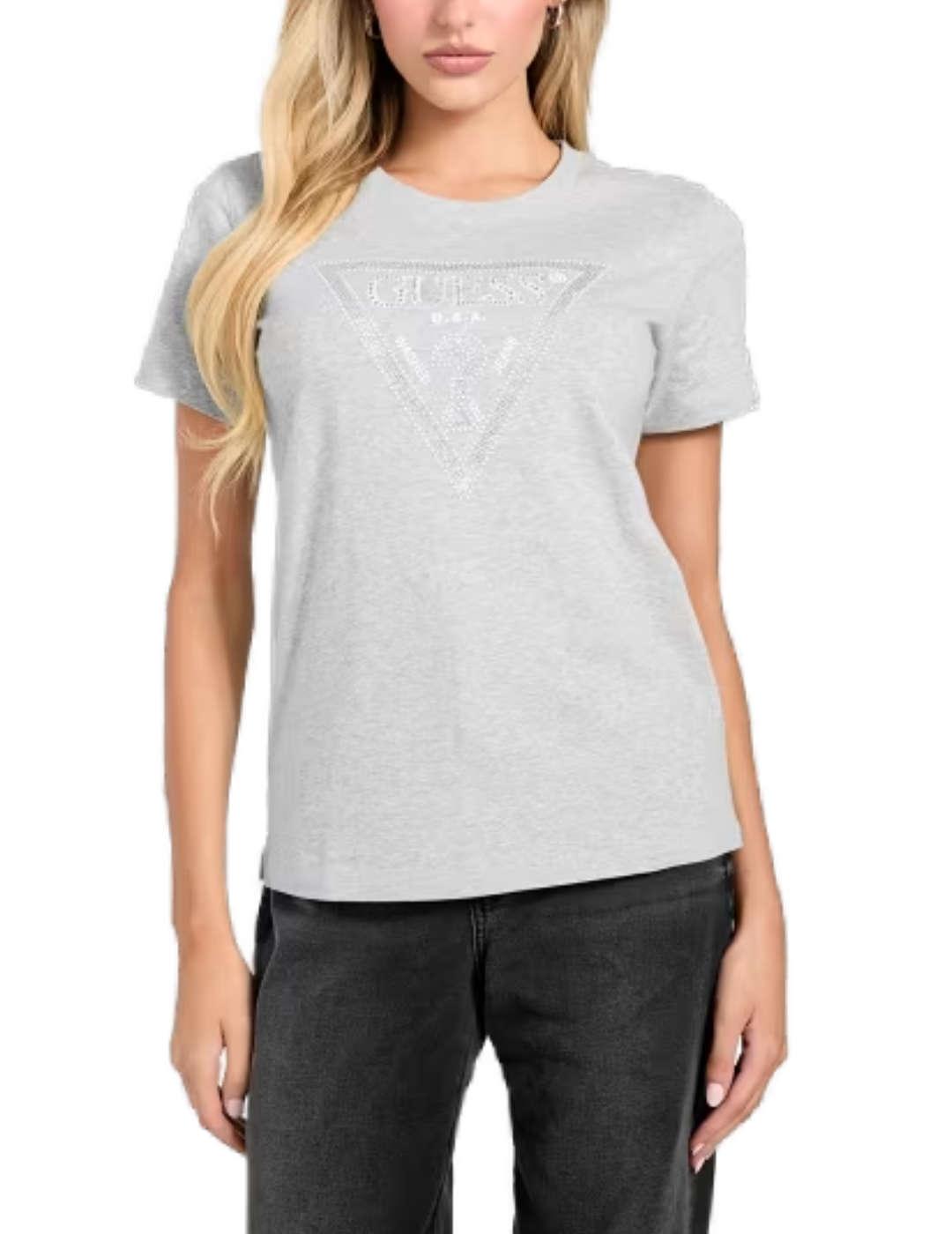 Camiseta Guess Krystal gris brillos manga corta para mujer