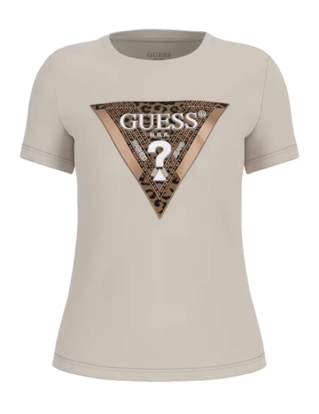 Camiseta Guess manga corta logo Leopardo beige para mujer