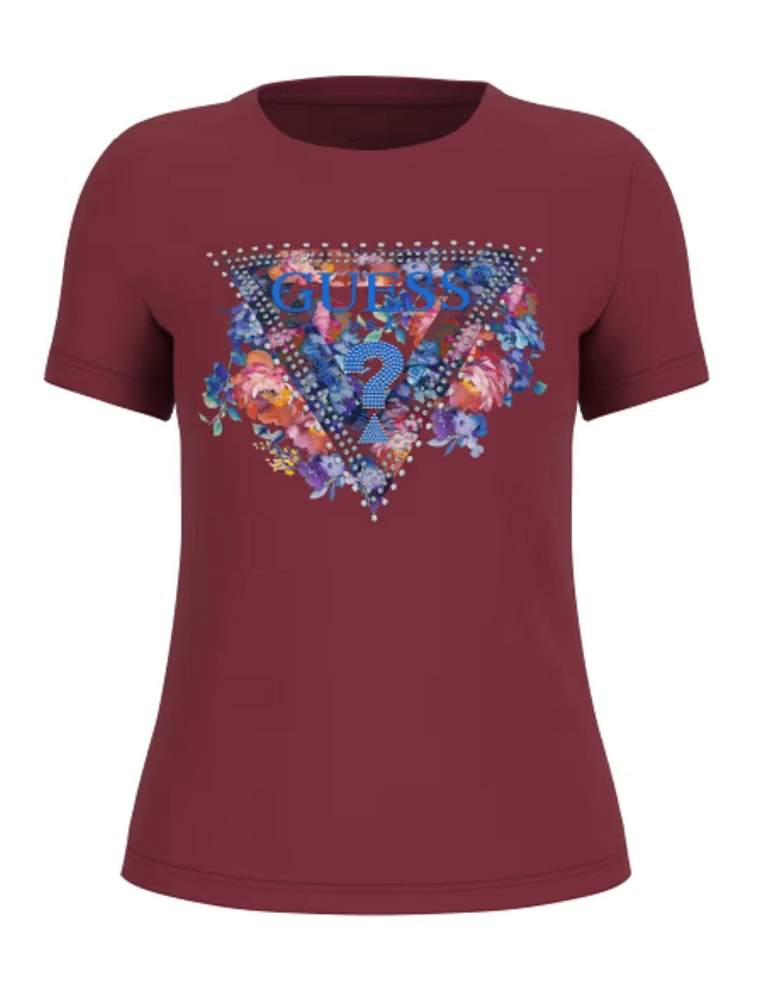 Camiseta Guess Peony granate logo flores para mujer