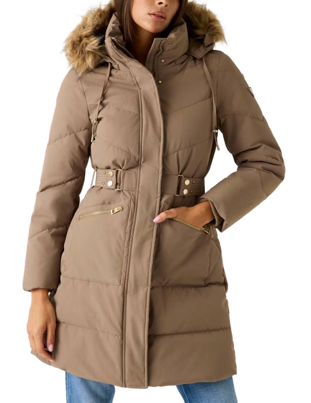 Plumas Guess Fatema beige acolchado con capucha para mujer