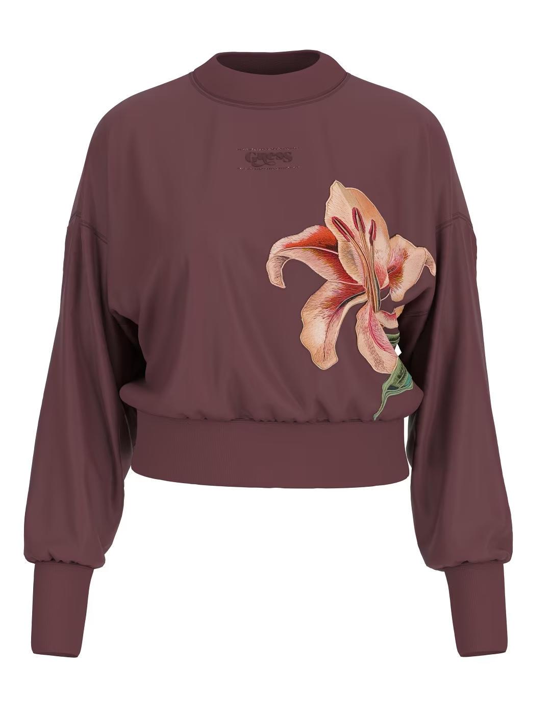 Sudadera Guess Lily logo bordado marrón para mujer