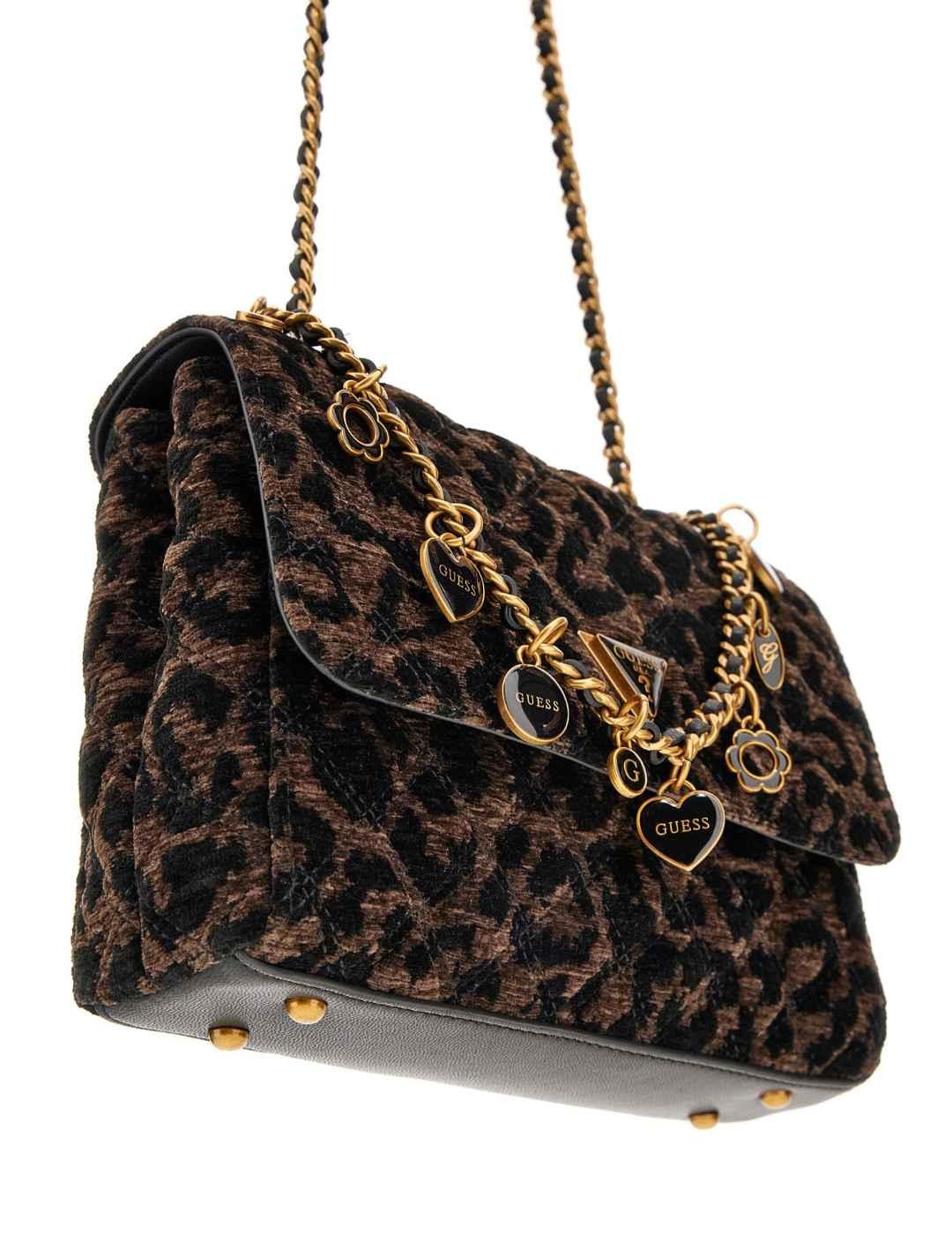 Bolso Guess Giully negro animal print terciopelo para mujer