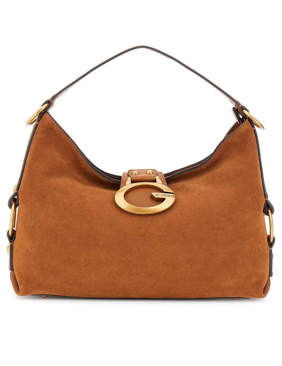 Bolso Guess Camden camel logo dorado de ante para mujer