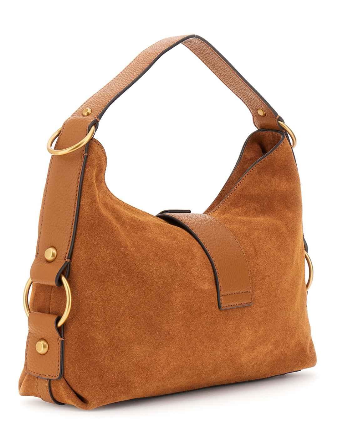 Bolso Guess Camden camel logo dorado de ante para mujer