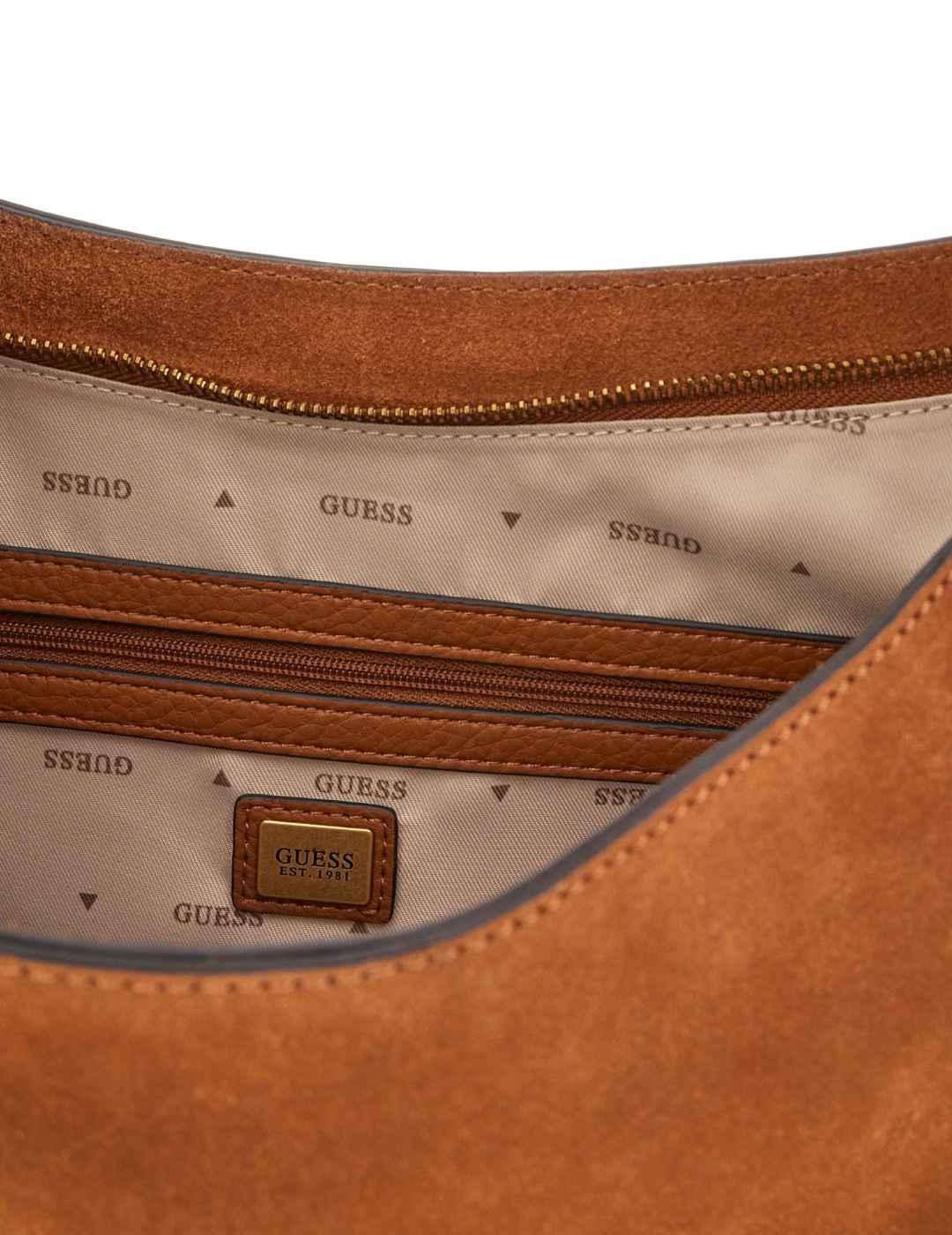 Bolso Guess Camden camel logo dorado de ante para mujer