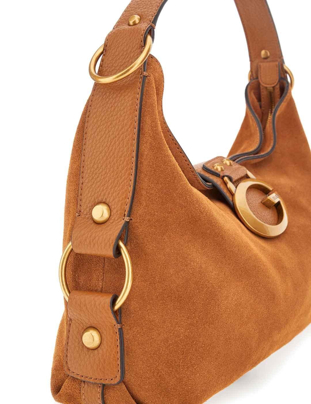 Bolso Guess Camden camel logo dorado de ante para mujer