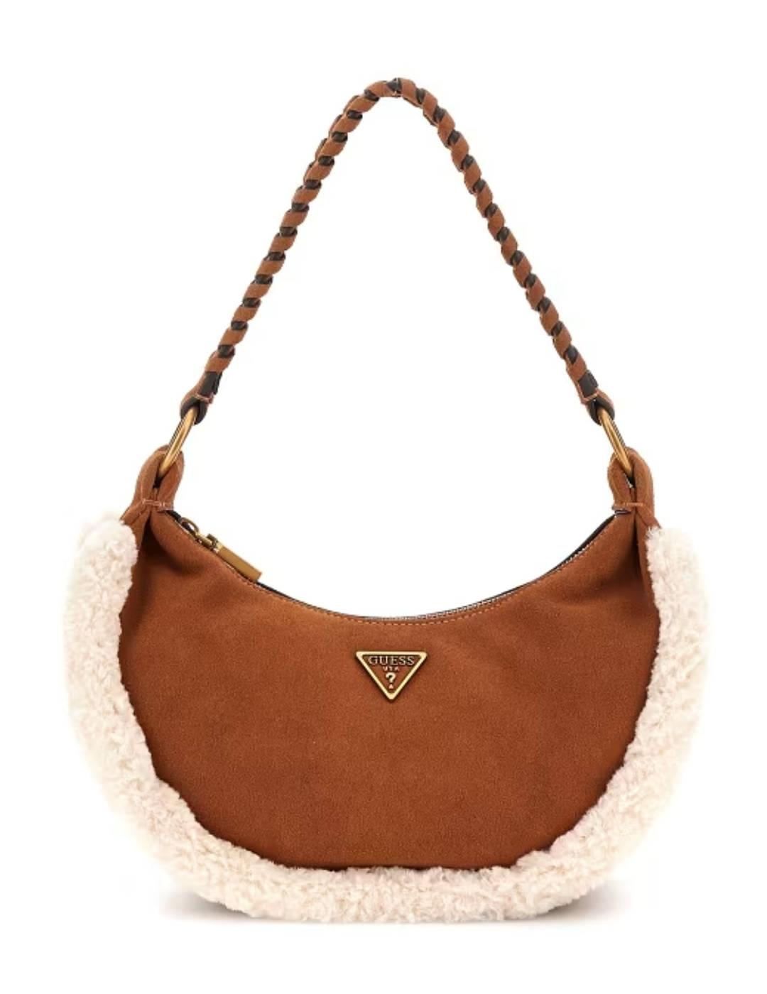 Bolso de hombro Guess Amita camel con borreguito para mujer