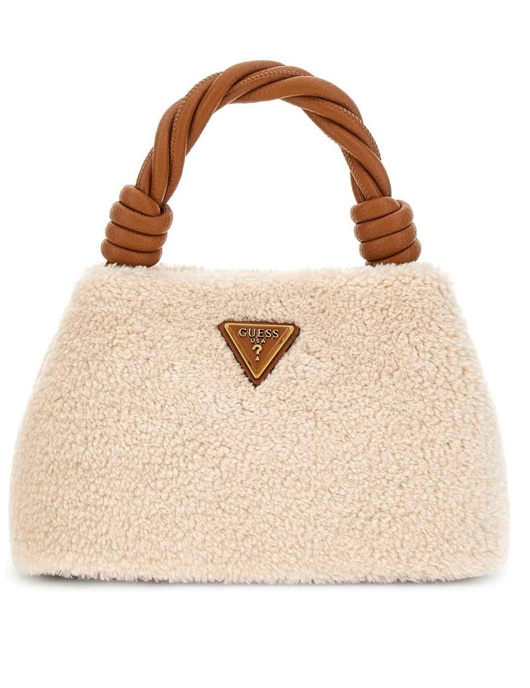 Bolso Guess Shaida beige asa trenzada borreguito para mujer