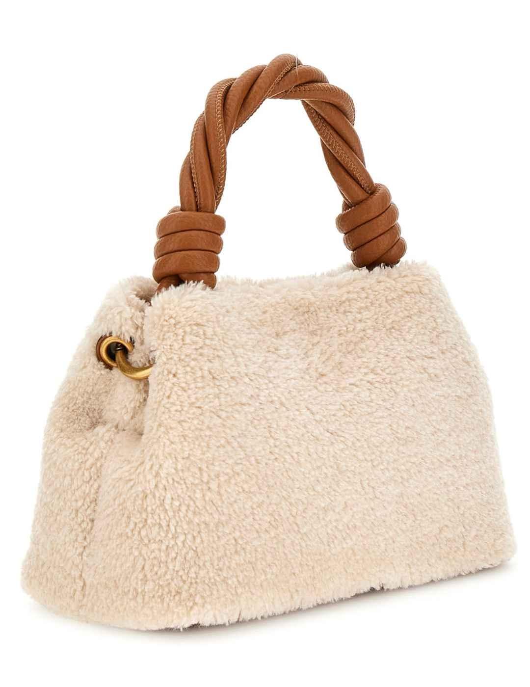 Bolso Guess Shaida beige asa trenzada borreguito para mujer