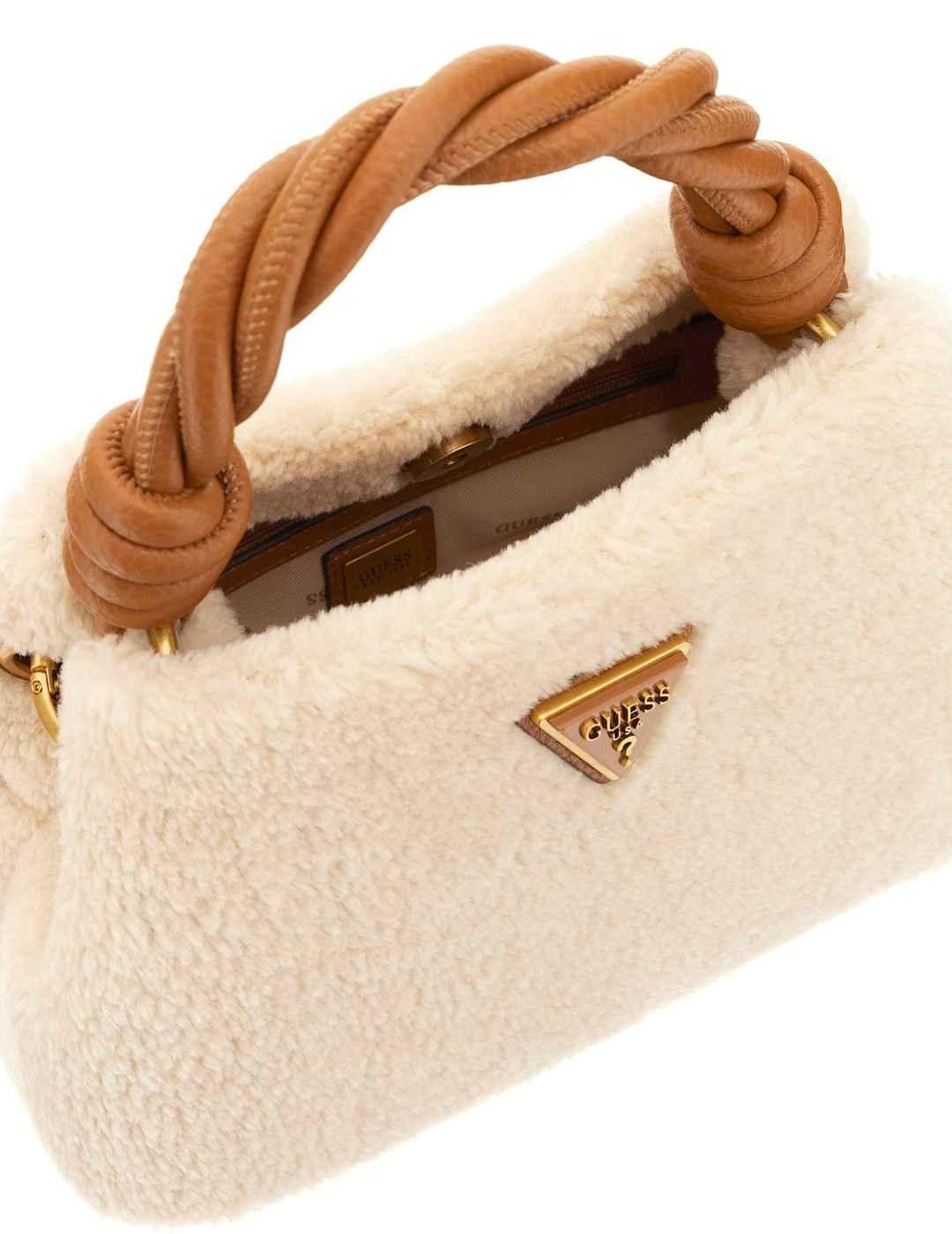 Bolso Guess Shaida beige asa trenzada borreguito para mujer