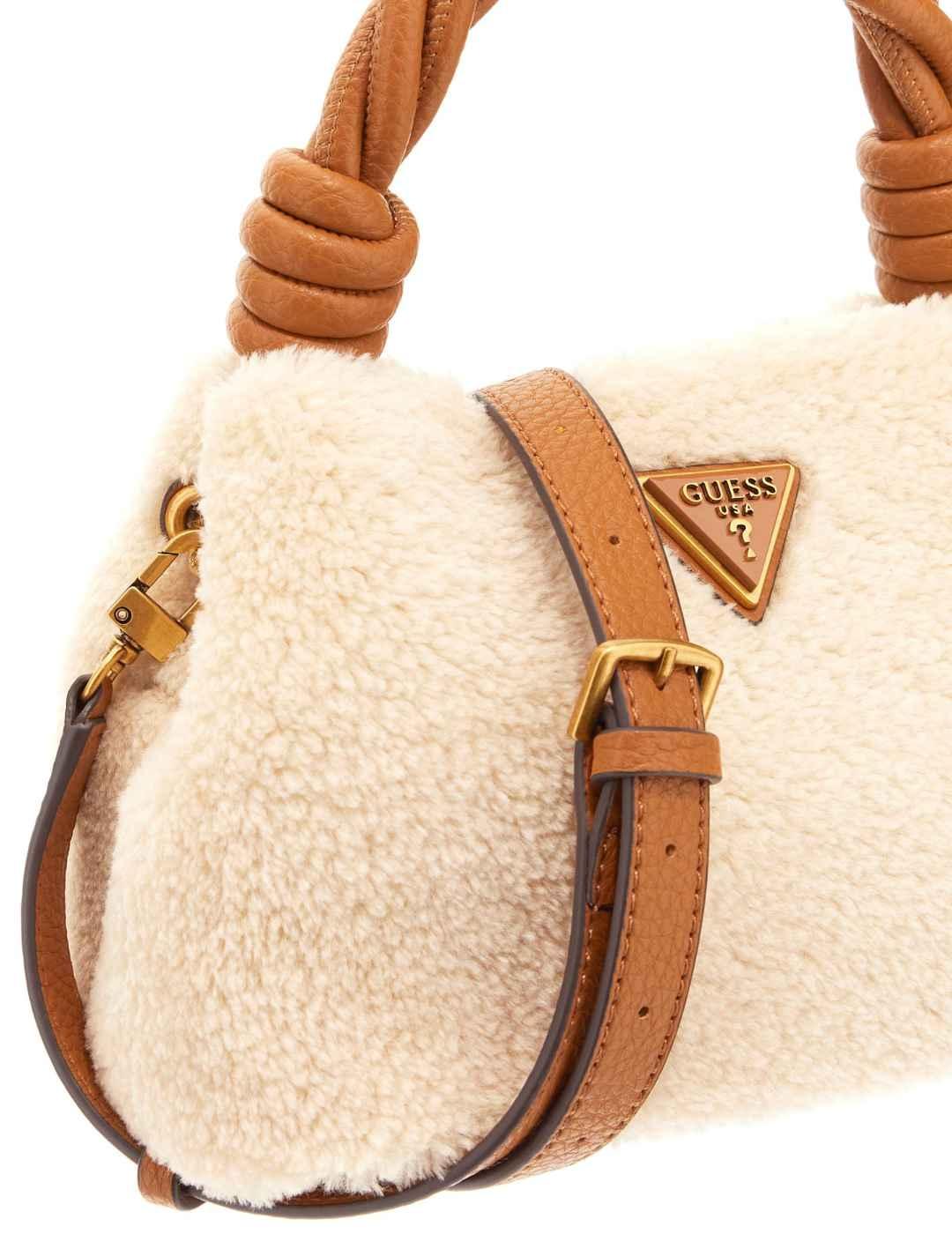 Bolso Guess Shaida beige asa trenzada borreguito para mujer