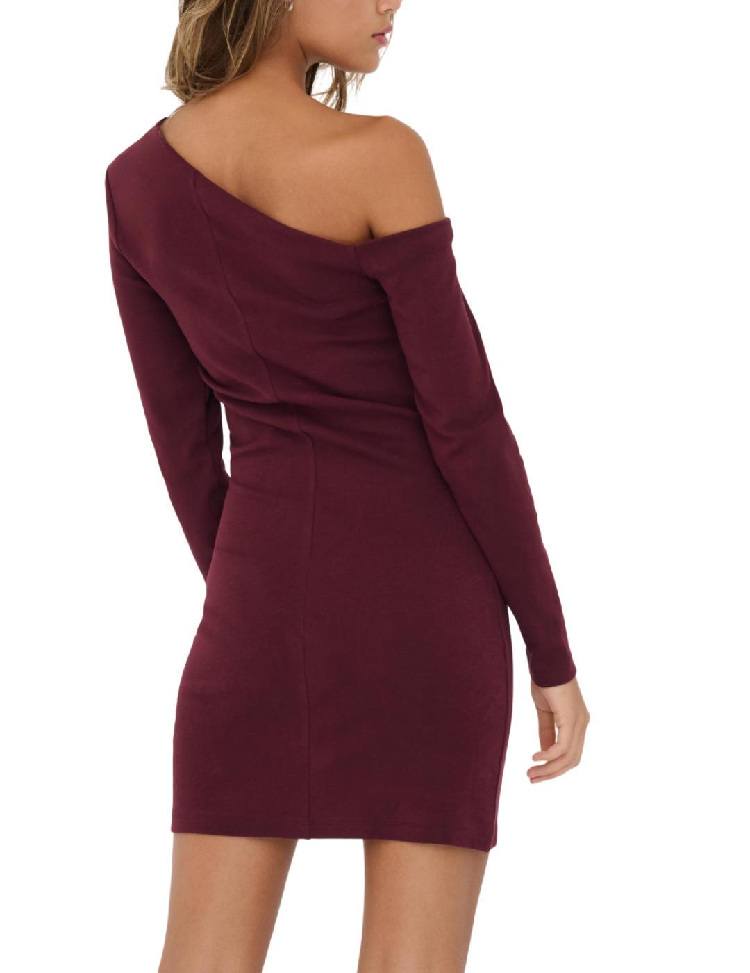 Vestido Only Villa escote asimétrico granate corto de mujer