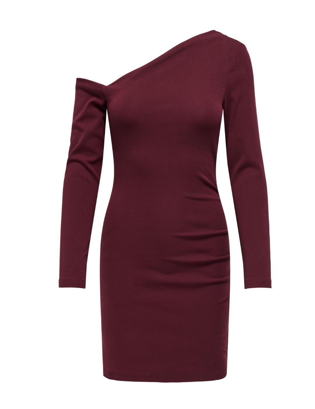 Vestido Only Villa escote asimétrico granate corto de mujer