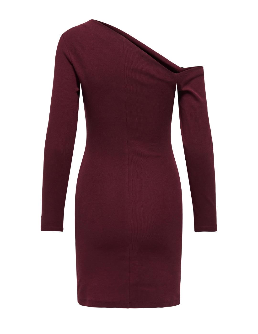 Vestido Only Villa escote asimétrico granate corto de mujer