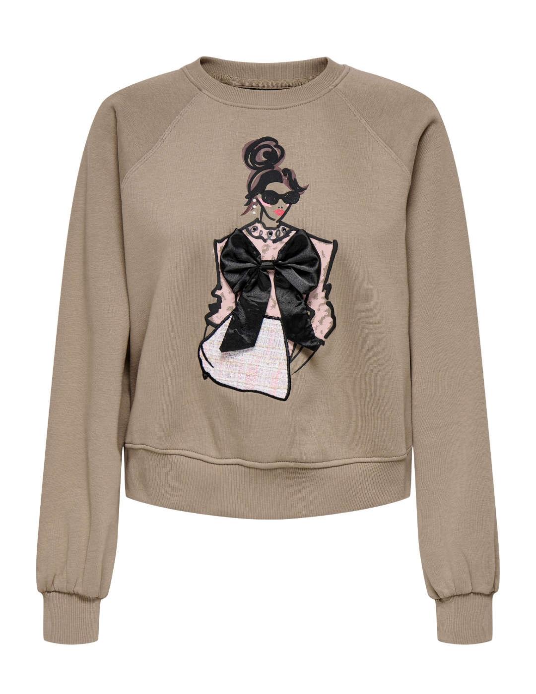 Sudadera Only Labinet beige detalle aplique lazo de mujer