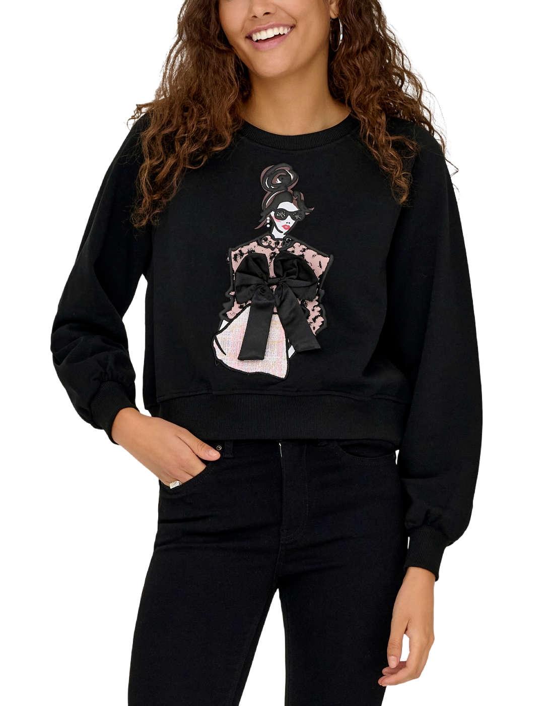 Sudadera Only Labinet negra detalle aplique lazo para mujer