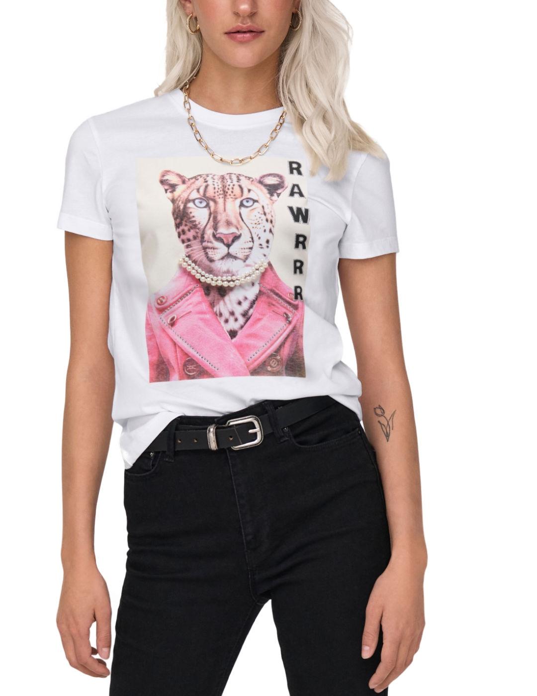 Camiseta Only Vibe rebel blanca tigre manga corta de mujer