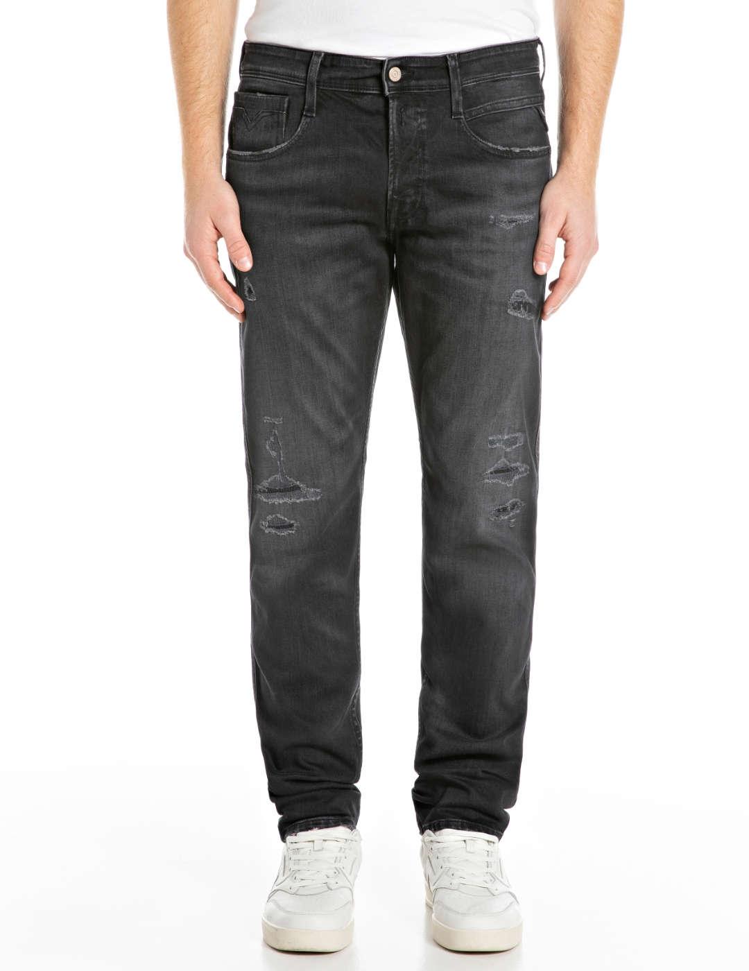 Vaquero Replay Anbass negro desgastado slim fit para hombre
