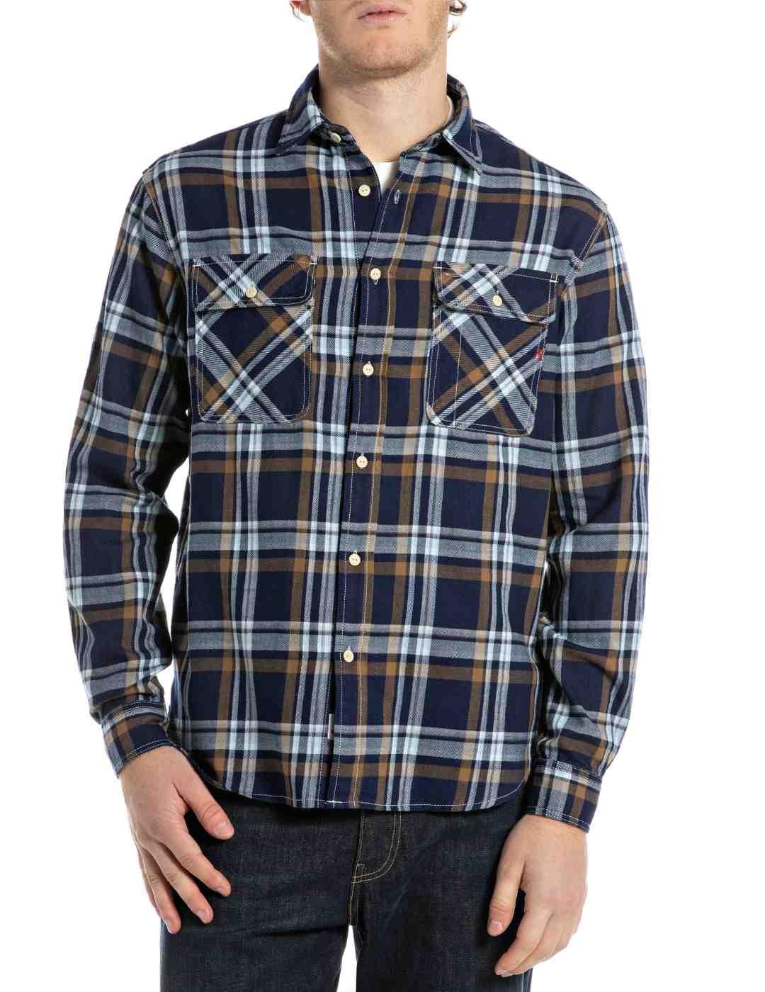 Camisa Replay cuadros azul oscuro y marrón para hombre