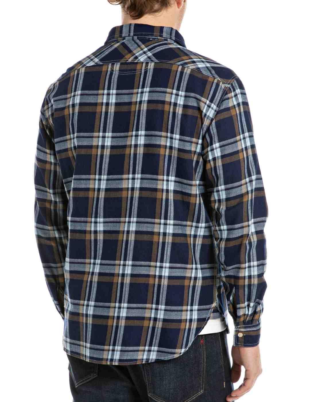 Camisa Replay cuadros azul oscuro y marrón para hombre