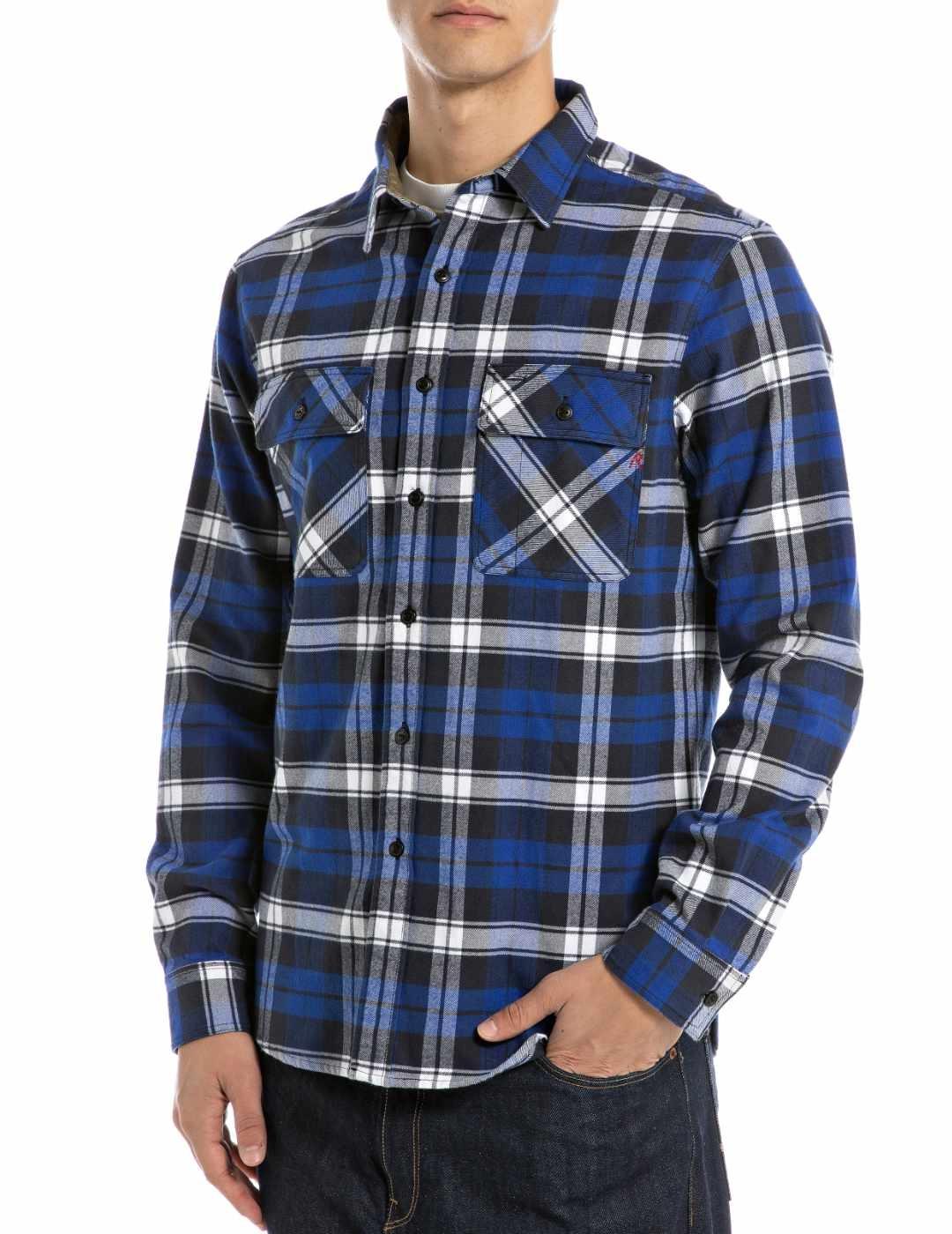 Camisa Replay cuadros azul de franela manga larga de hombre