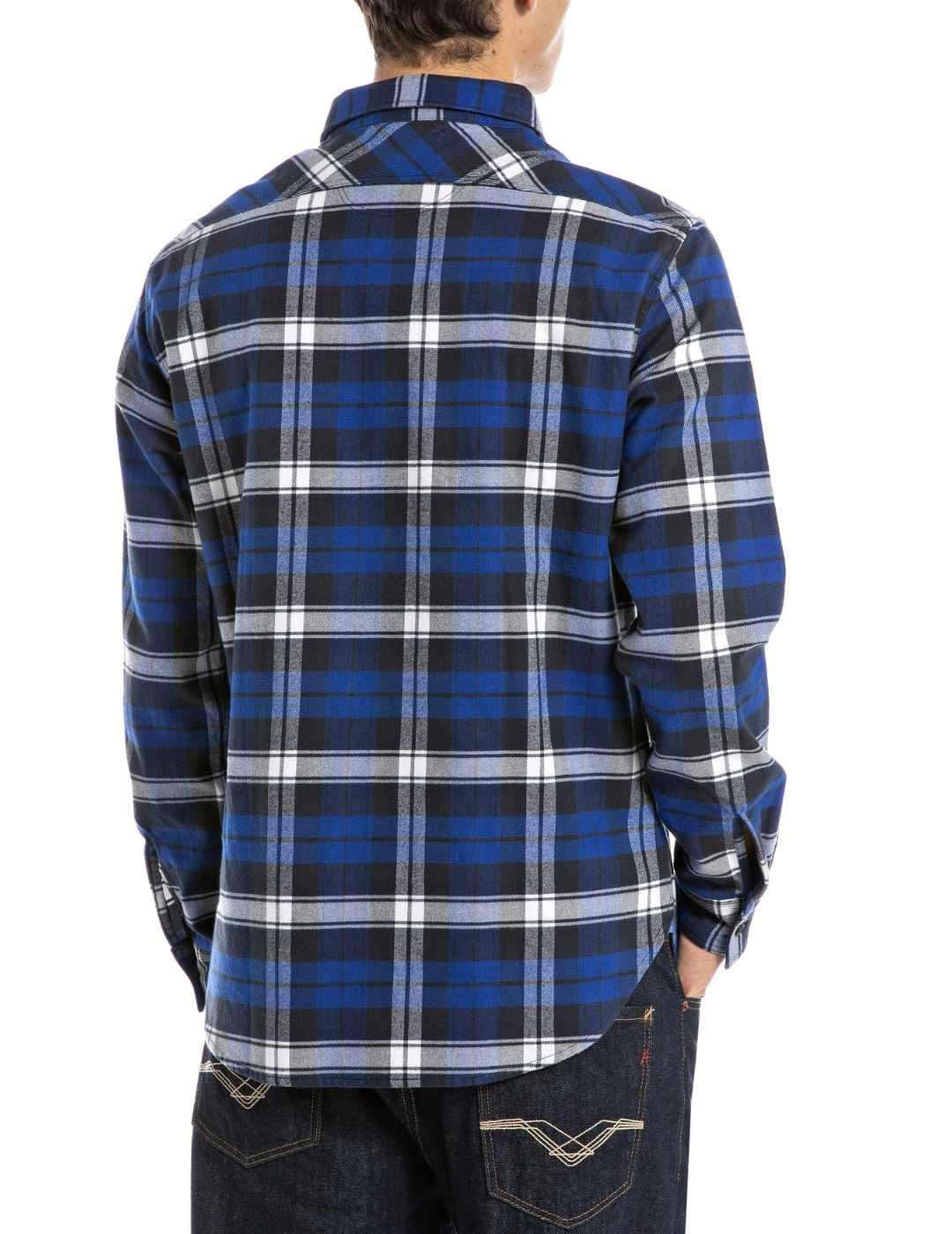 Camisa Replay cuadros azul de franela manga larga de hombre