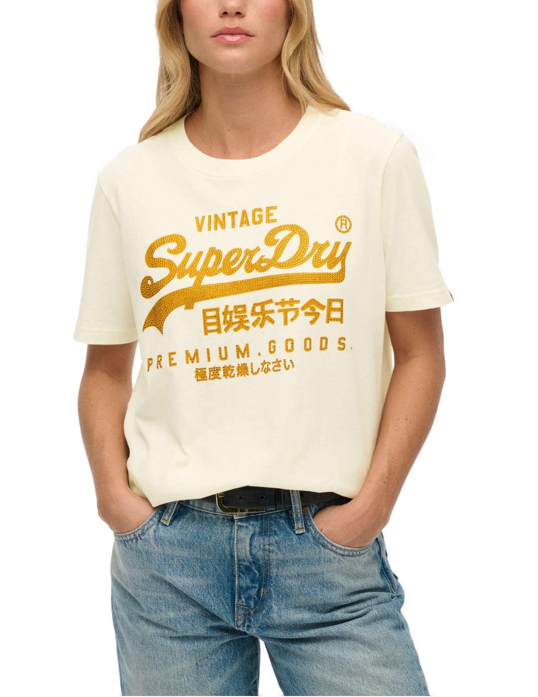 Camiseta Superdry Vintage beige logo dorado para mujer