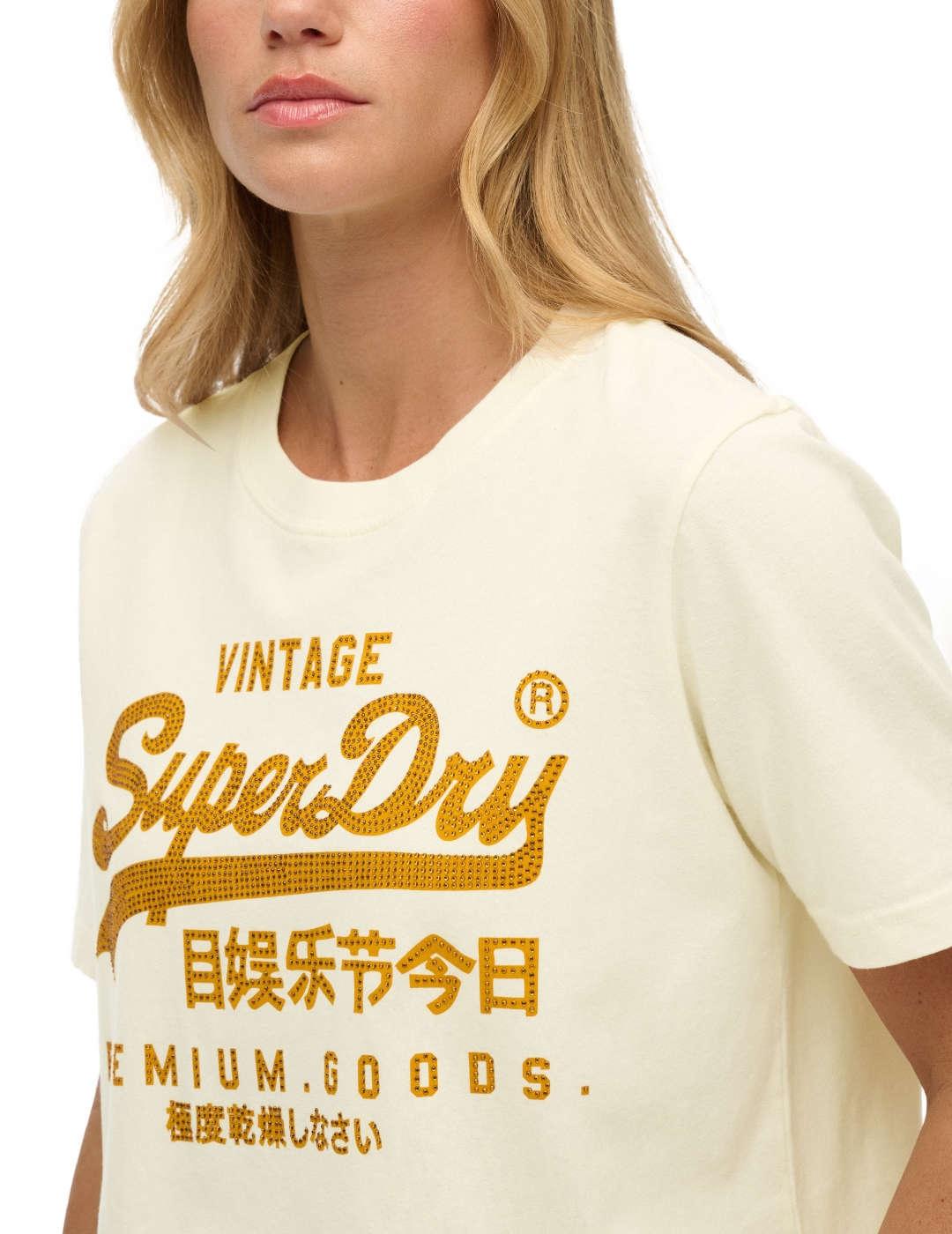 Camiseta Superdry Vintage beige logo dorado para mujer