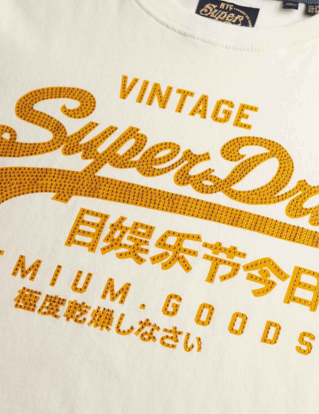 Camiseta Superdry Vintage beige logo dorado para mujer
