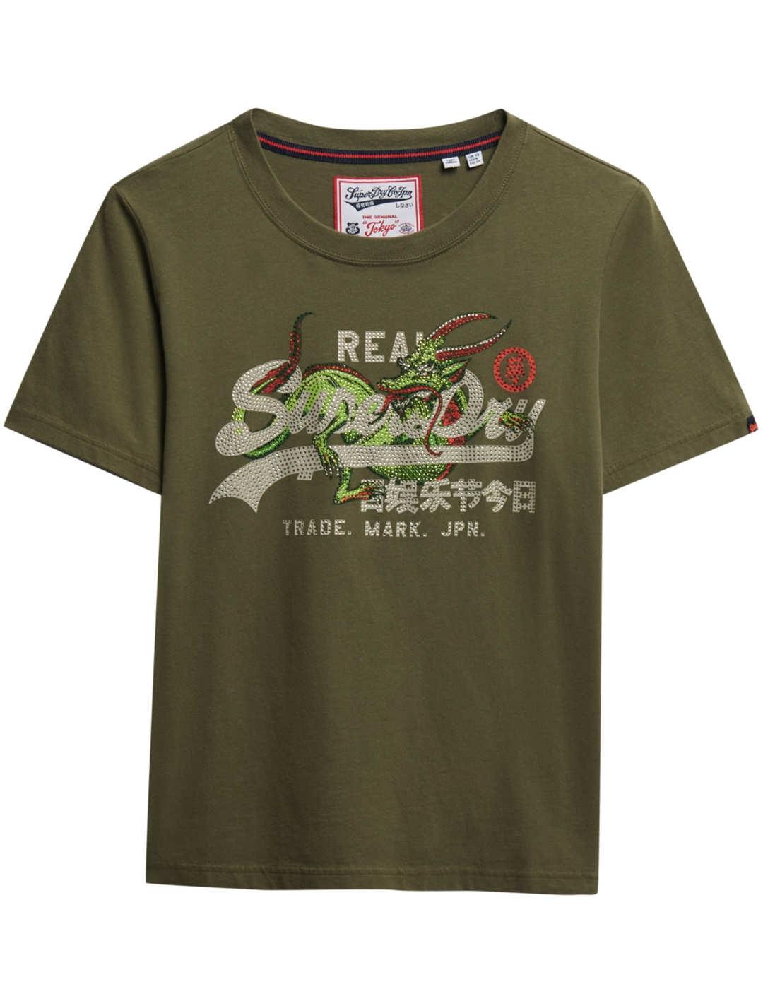 Camiseta Superdry Tokyo verde dragón manga corta de mujer