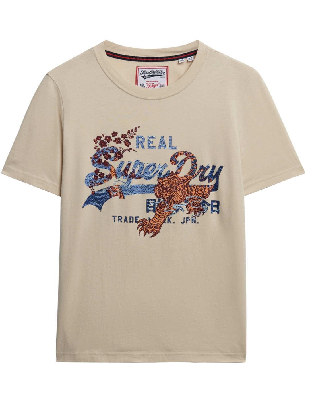 Camiseta Superdry Tokyo beige tigre manga corta de mujer