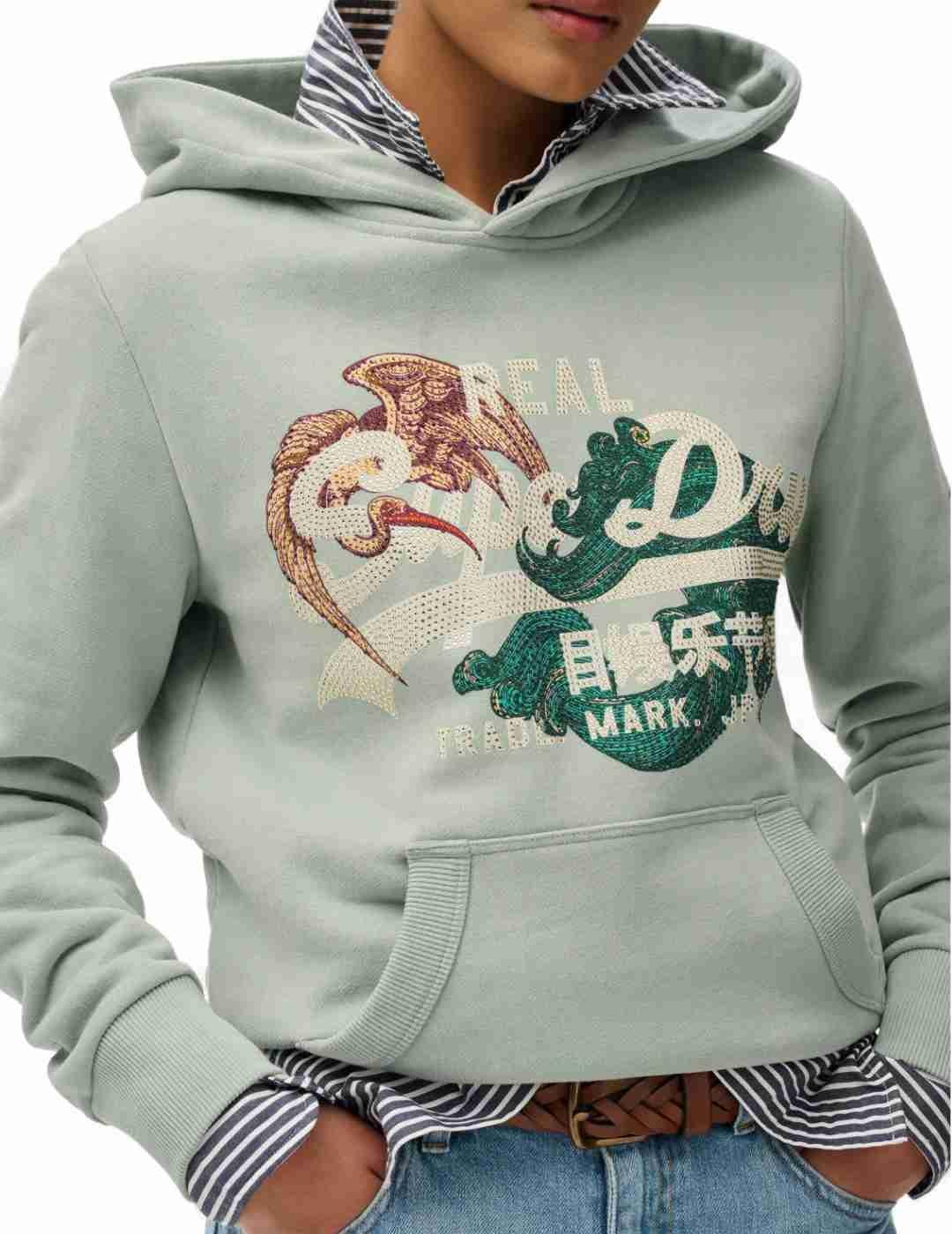 Sudadera Superdry Tokyo verde logo abalorios para mujer