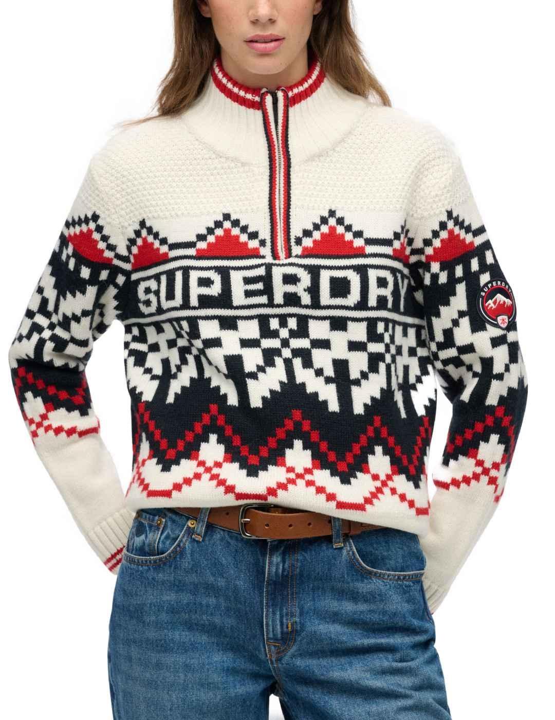 Jersey Superdry Intarsia crudo media cremallera de mujer