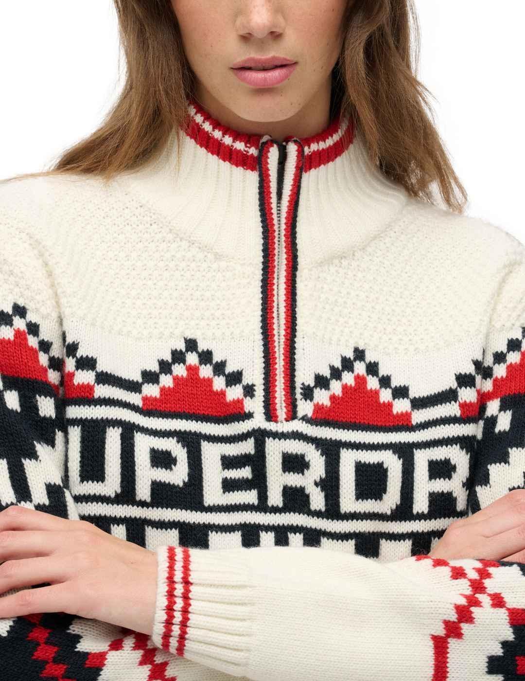 Jersey Superdry Intarsia crudo media cremallera de mujer