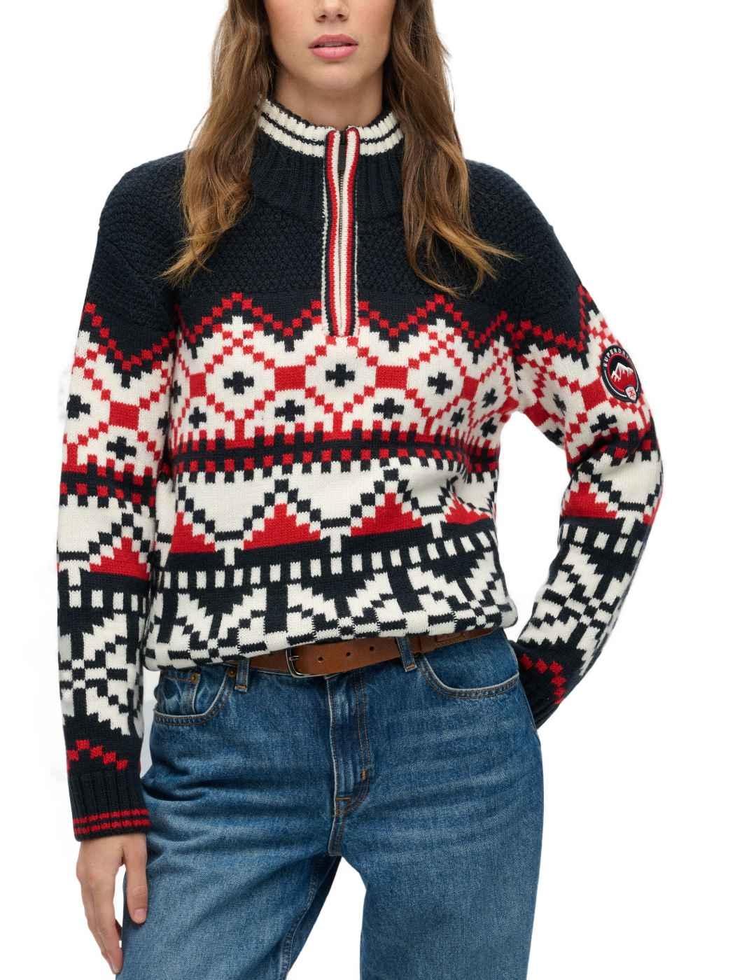 Jersey Superdry Intarsia marino media cremallera de mujer