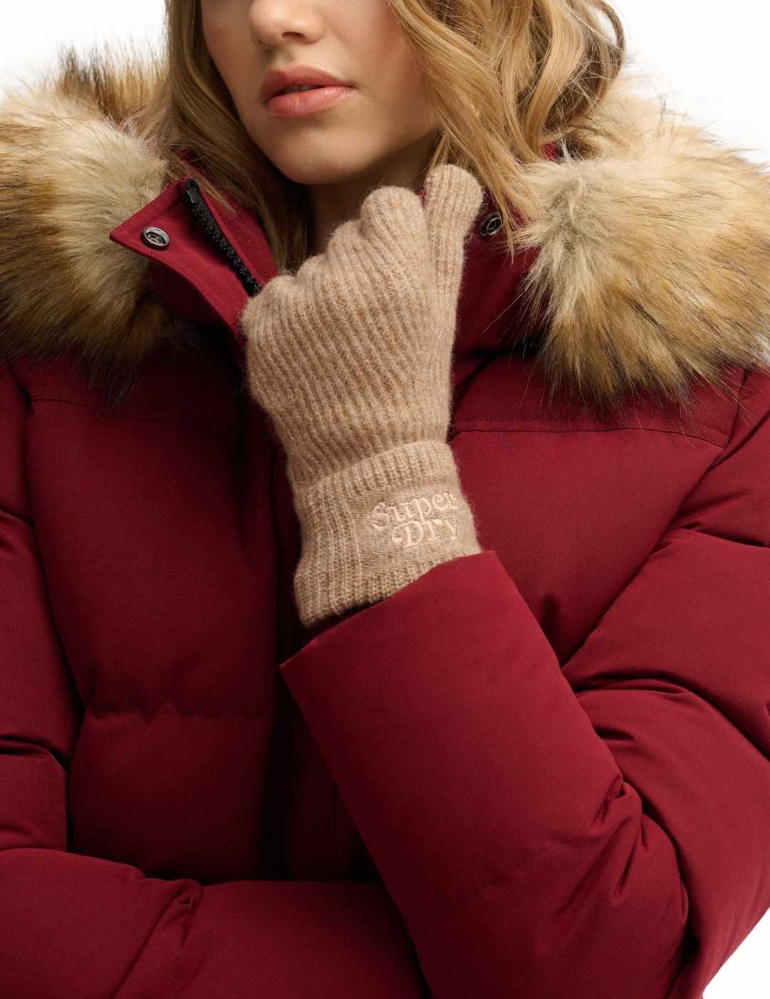 Guantes Superdry de punto marrón claro con lana de mujer