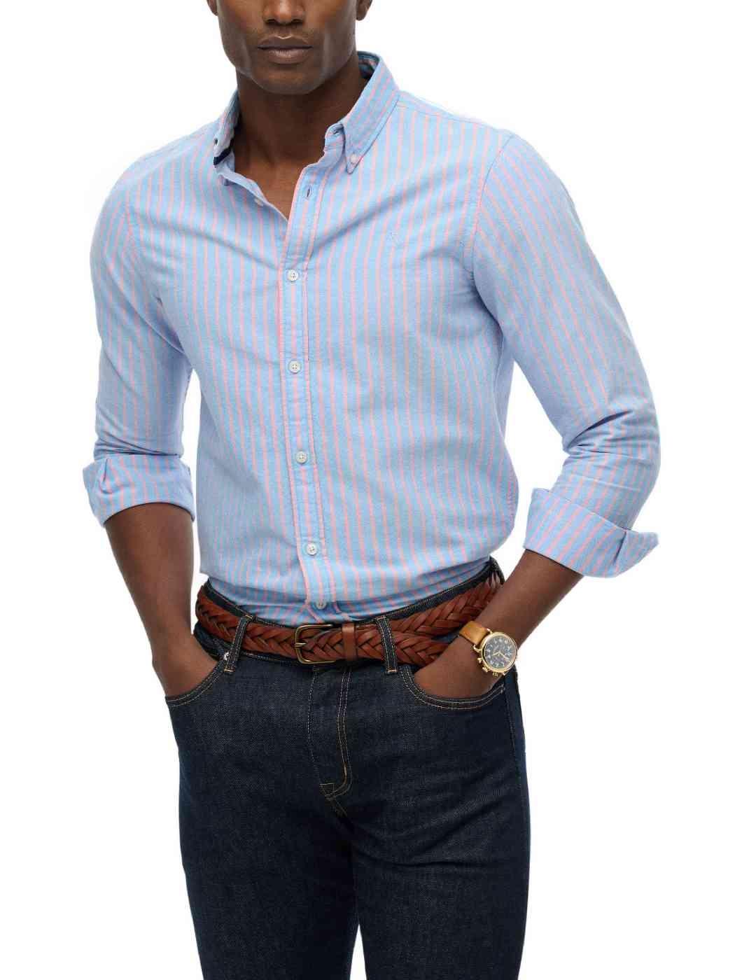 Camisa Superdry Oxford azul rayas rojas logo para hombre