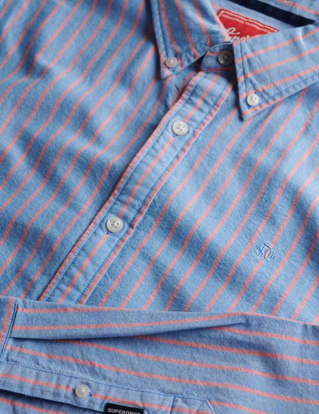 Camisa Superdry Oxford azul rayas rojas logo para hombre